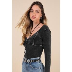 Lulus Trendsetting Confidence Washed Black Ribbed Long Sleeve Bodysuit - Size S